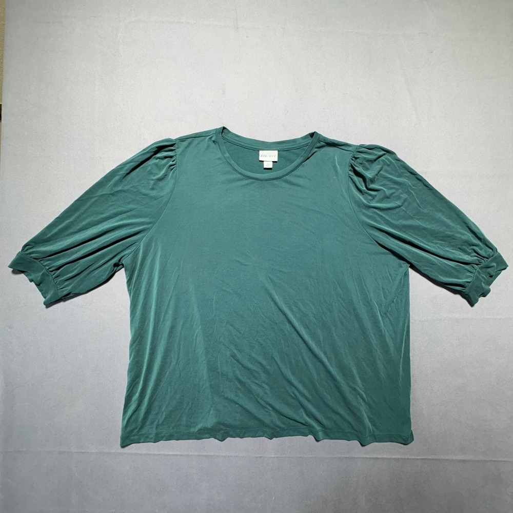 Ava & Viv Womens 3X Green Puff Sleeve Modal Blend Knit Top Crew Neck RN17730